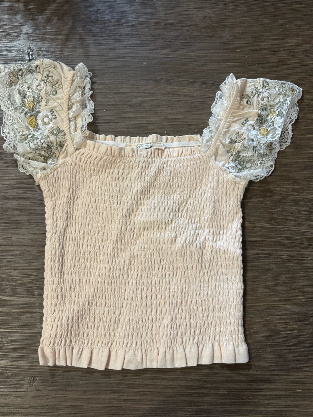 gimmicks by BKE Blush Pink Smocked Top with Floral Lace Sleeves